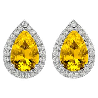 2 1/3 Carat Citrine and Diamond Pear Shape Stud Earrings In 14 Karat White Gold 