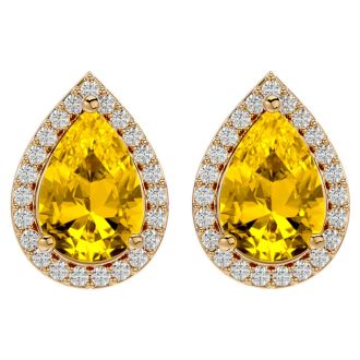 2 1/3 Carat Citrine and Diamond Pear Shape Stud Earrings In 14 Karat Yellow Gold 