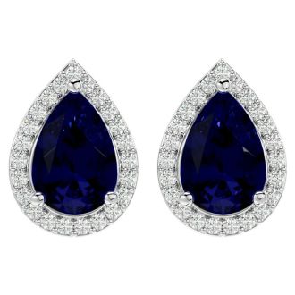 3 1/2 Carat Sapphire and Diamond Pear Shape Stud Earrings In 14 Karat White Gold 