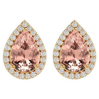 2-1/2 Carat Pear Shape Morganite Earrings with Diamond Halo In 14 Karat Yellow Gold 