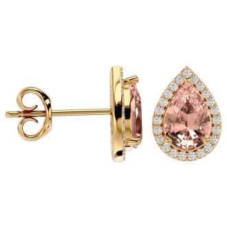 2-1/2 Carat Pear Shape Morganite Earrings with Diamond Halo In 14 Karat Yellow Gold 
