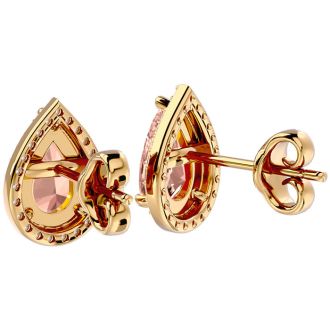 2-1/2 Carat Pear Shape Morganite Earrings with Diamond Halo In 14 Karat Yellow Gold 