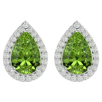 2.85 Carat Peridot and Diamond Pear Shape Stud Earrings In 14 Karat White Gold 