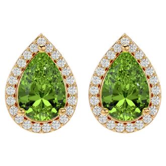 2.85 Carat Peridot and Diamond Pear Shape Stud Earrings In 14 Karat Yellow Gold 
