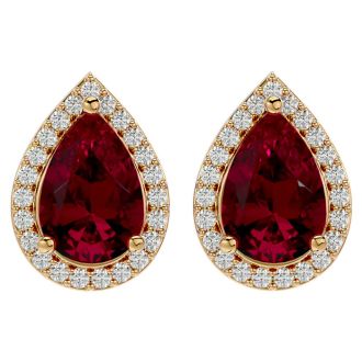 3 1/3 Carat Ruby and Diamond Pear Shape Stud Earrings In 14 Karat Yellow Gold 