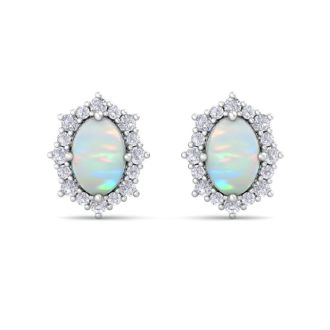 2 Carat Oval Shape Opal and Diamond Earrings In 14K White Gold