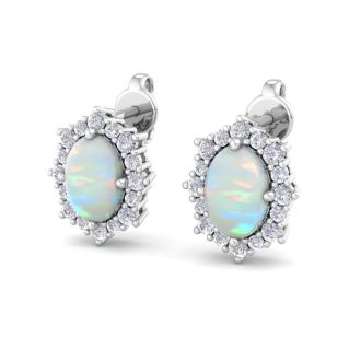 2 Carat Oval Shape Opal and Diamond Earrings In 14K White Gold