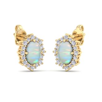 2 Carat Oval Shape Opal and Diamond Earrings In 14K Yellow Gold