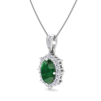 1-1/3 Carat Oval Shape Emerald Necklaces With Diamond Halo In 14 Karat White Gold, 18 Inch Chain