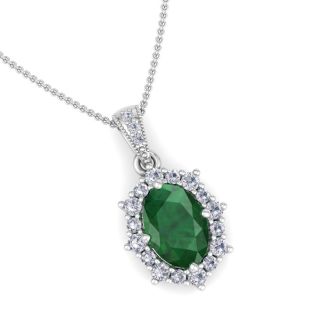 1-1/3 Carat Oval Shape Emerald Necklaces With Diamond Halo In 14 Karat White Gold, 18 Inch Chain
