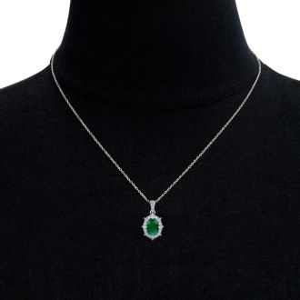 1-1/3 Carat Oval Shape Emerald Necklaces With Diamond Halo In 14 Karat White Gold, 18 Inch Chain