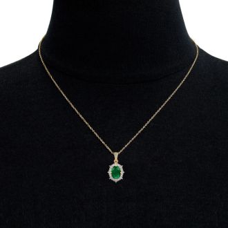 1-1/3 Carat Oval Shape Emerald Necklaces With Diamond Halo In 14 Karat Yellow Gold, 18 Inch Chain