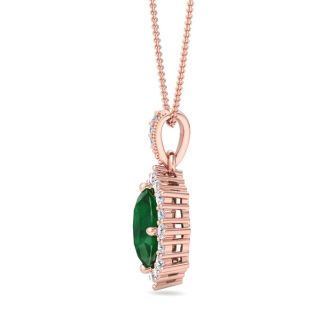 1-1/3 Carat Oval Shape Emerald Necklaces With Diamond Halo In 14 Karat Rose Gold, 18 Inch Chain