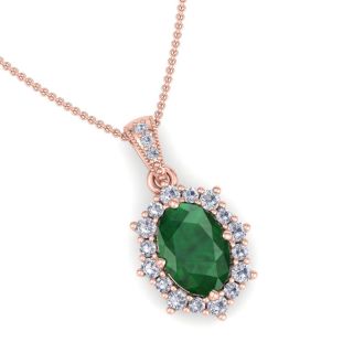 1-1/3 Carat Oval Shape Emerald Necklaces With Diamond Halo In 14 Karat Rose Gold, 18 Inch Chain