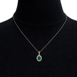 1-1/3 Carat Oval Shape Emerald Necklaces With Diamond Halo In 14 Karat Rose Gold, 18 Inch Chain