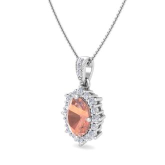 1-1/3 Carat Oval Shape Morganite Necklace With Fancy Diamond Halo In 14K White Gold With 18 Inch Chain