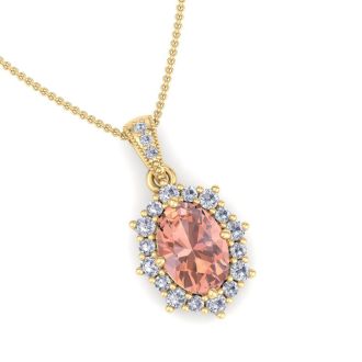 1-1/3 Carat Oval Shape Morganite Necklace With Fancy Diamond Halo In 14K Yellow Gold With 18 Inch Chain