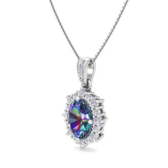 1-3/4 Carat Oval Shape Mystic Topaz Necklace With Diamond Halo In 14 Karat White Gold, 18 Inches