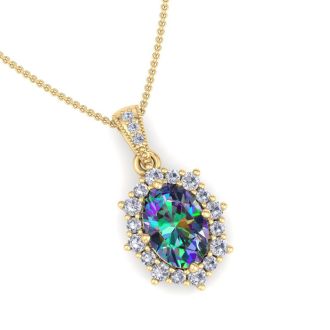 1-3/4 Carat Oval Shape Mystic Topaz Necklace With Diamond Halo In 14 Karat Yellow Gold, 18 Inches