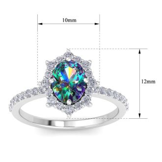 2 Carat Oval Shape Mystic Topaz Ring With Diamond Halo In 14 Karat White Gold