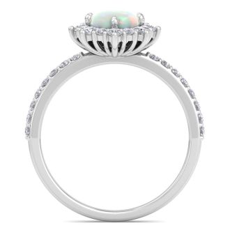1-1/2 Carat Oval Shape Opal Ring and Diamond Halo In 14K White Gold