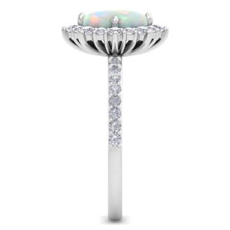 1-1/2 Carat Oval Shape Opal Ring and Diamond Halo In 14K White Gold