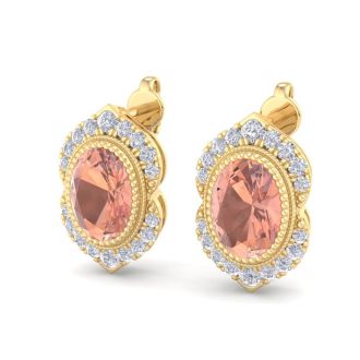 2 Carat Oval Shape Morganite Earrings with Fancy Diamond Halo In 14K Yellow Gold