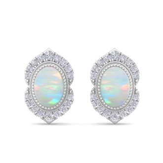 2 Carat Oval Shape Opal and Diamond Earrings In 14K White Gold