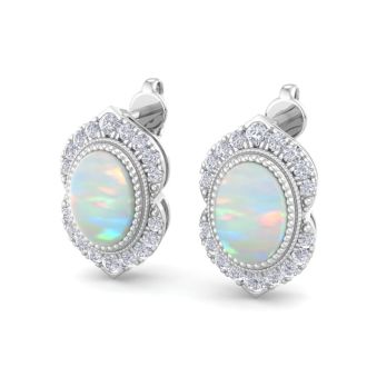 2 Carat Oval Shape Opal and Diamond Earrings In 14K White Gold