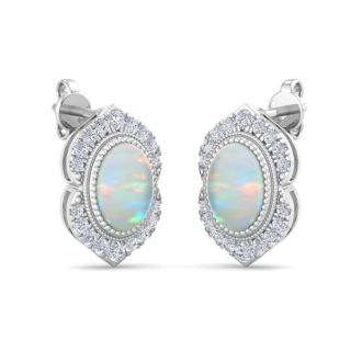 2 Carat Oval Shape Opal and Diamond Earrings In 14K White Gold