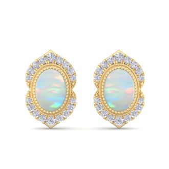 2 Carat Oval Shape Opal and Diamond Earrings In 14K Yellow Gold