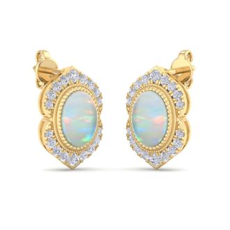2 Carat Oval Shape Opal and Diamond Earrings In 14K Yellow Gold