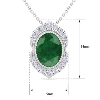 1-1/5 Carat Oval Shape Emerald Necklaces With Diamond Halo In 14 Karat White Gold, 18 Inch Chain