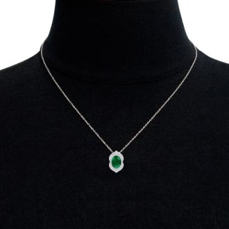 1-1/5 Carat Oval Shape Emerald Necklaces With Diamond Halo In 14 Karat White Gold, 18 Inch Chain
