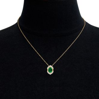 1-1/5 Carat Oval Shape Emerald Necklaces With Diamond Halo In 14 Karat Yellow Gold, 18 Inch Chain