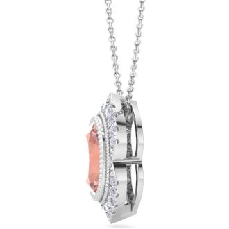 1-1/5 Carat Oval Shape Morganite Necklace With Fancy Diamond Halo In 14K White Gold With 18 Inch Chain