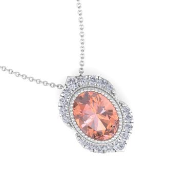 1-1/5 Carat Oval Shape Morganite Necklace With Fancy Diamond Halo In 14K White Gold With 18 Inch Chain