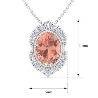 1-1/5 Carat Oval Shape Morganite Necklace With Fancy Diamond Halo In 14K White Gold With 18 Inch Chain