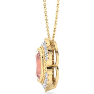 1-1/5 Carat Oval Shape Morganite Necklace With Fancy Diamond Halo In 14K Yellow Gold With 18 Inch Chain