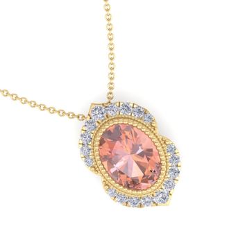 1-1/5 Carat Oval Shape Morganite Necklace With Fancy Diamond Halo In 14K Yellow Gold With 18 Inch Chain