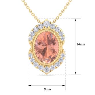 1-1/5 Carat Oval Shape Morganite Necklace With Fancy Diamond Halo In 14K Yellow Gold With 18 Inch Chain