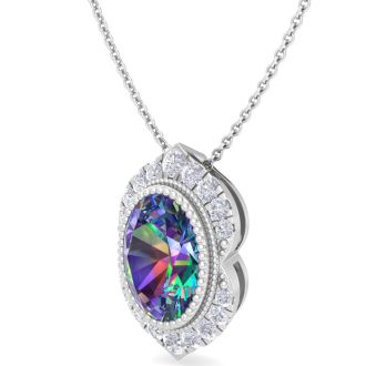 1-3/4 Carat Oval Shape Mystic Topaz Necklace With Diamond Halo In 14 Karat White Gold, 18 Inches