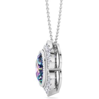 1-3/4 Carat Oval Shape Mystic Topaz Necklace With Diamond Halo In 14 Karat White Gold, 18 Inches