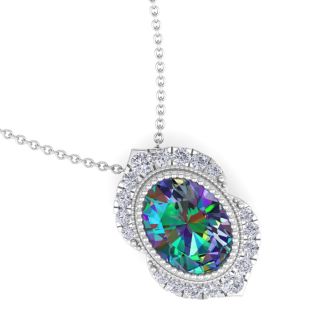 1-3/4 Carat Oval Shape Mystic Topaz Necklace With Diamond Halo In 14 Karat White Gold, 18 Inches