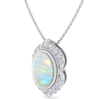 1-1/5 Carat Oval Shape Opal and Diamond Necklace In 14K White Gold