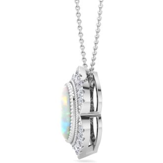 1-1/5 Carat Oval Shape Opal and Diamond Necklace In 14K White Gold