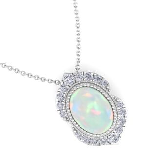 1-1/5 Carat Oval Shape Opal and Diamond Necklace In 14K White Gold