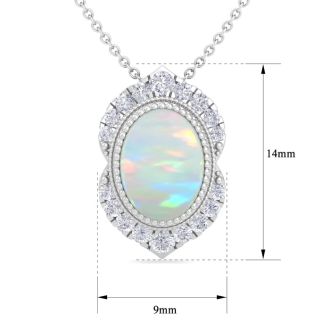 1-1/5 Carat Oval Shape Opal and Diamond Necklace In 14K White Gold