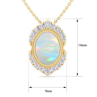 1-1/5 Carat Oval Shape Opal and Diamond Necklace In 14K Yellow Gold