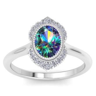1-3/4 Carat Oval Shape Mystic Topaz Ring and Diamond Halo In 14 Karat White Gold
